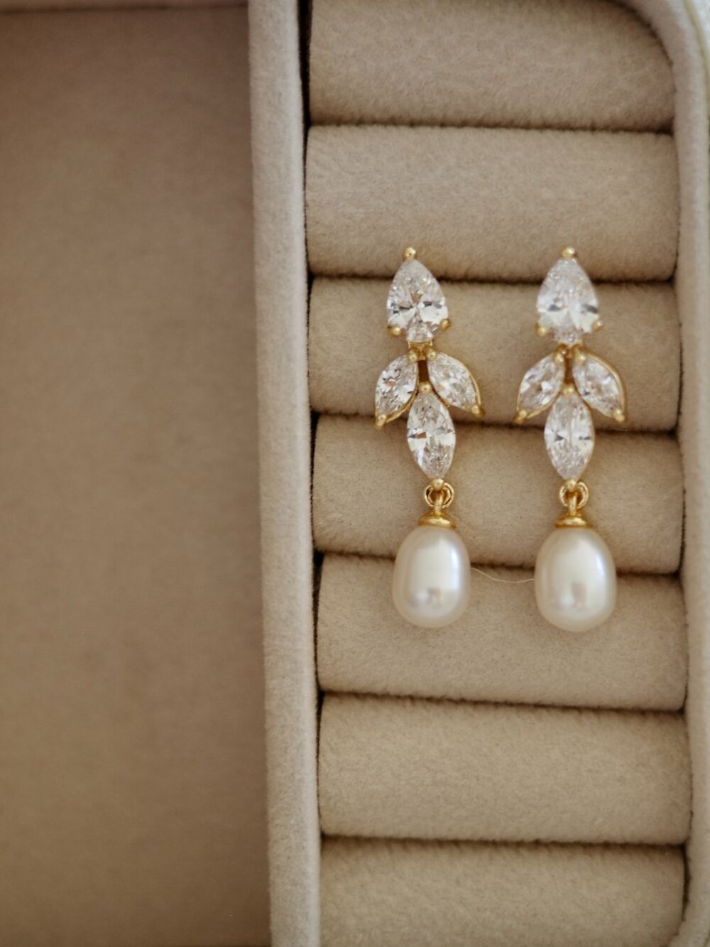 Bridal Diamond Freshwater Pearl Earrings, Silver Crystal Leaf Drop Earrings